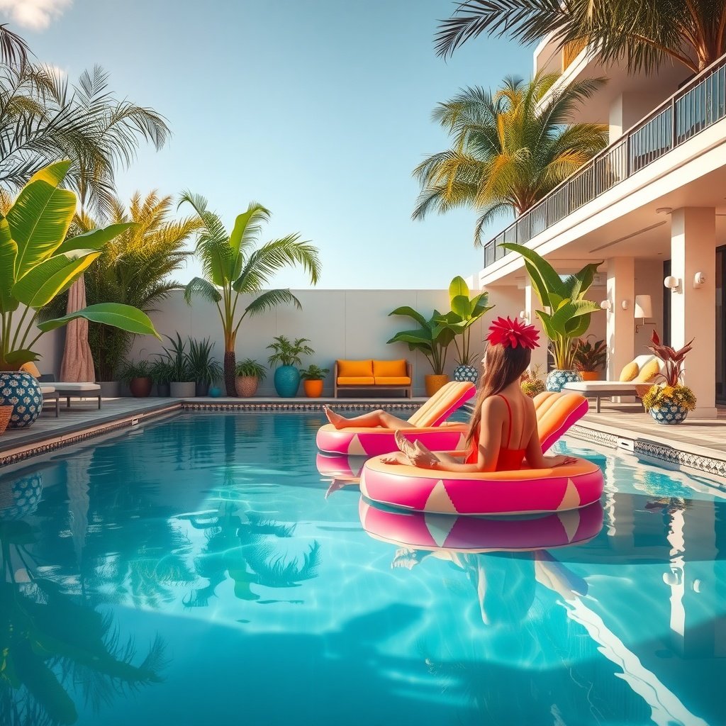 A serene poolside scene featuring two colorful floating lounge chairs with a person relaxing in one, surrounded by tropical plants.