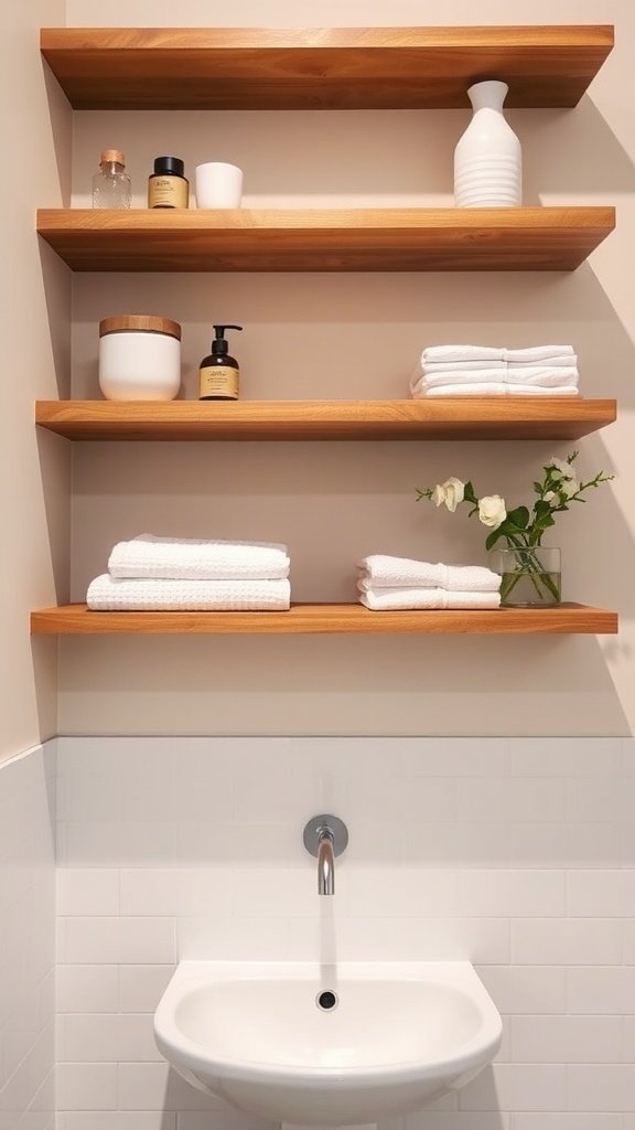 Floating shelves above a bathroom sink displaying towels and decorative items.