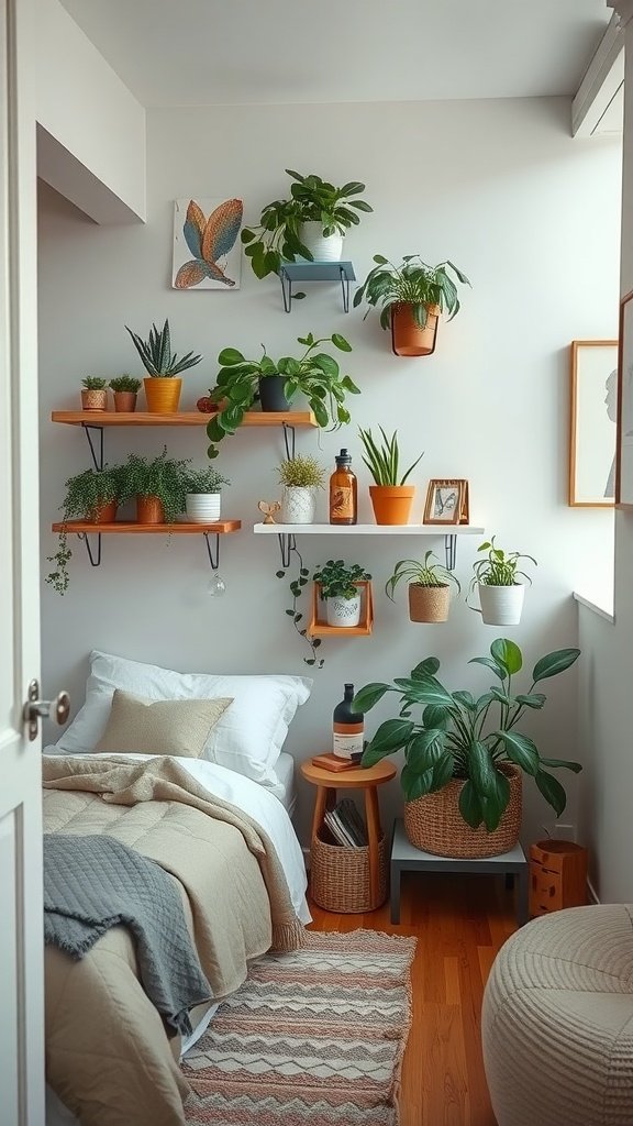 A cozy small bedroom with floating shelves displaying plants and decorative items.