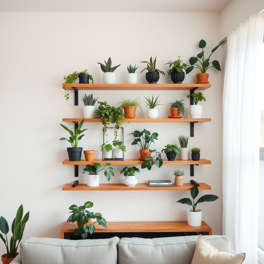 A stylish display of floating shelves filled with various decorative plants in a cozy living room.