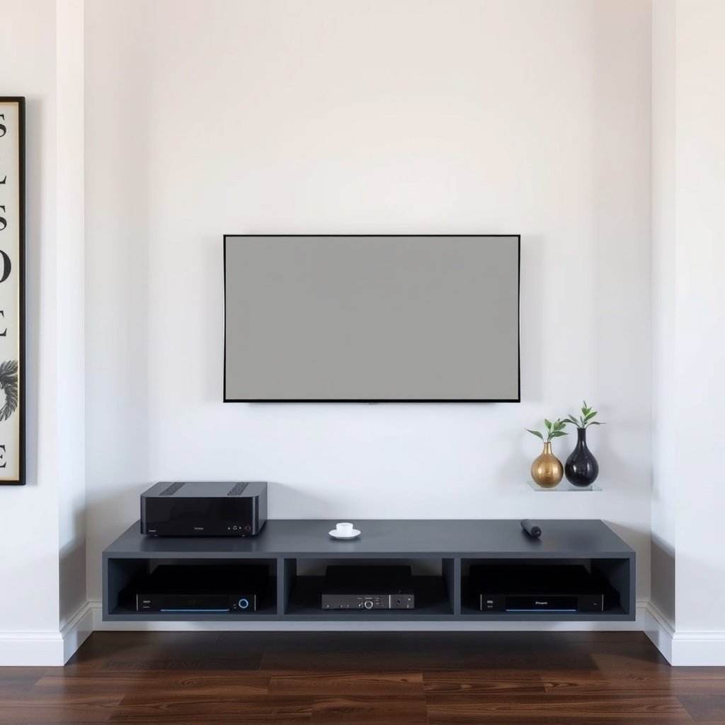 Floating TV stand with a wall-mounted TV and decorative items