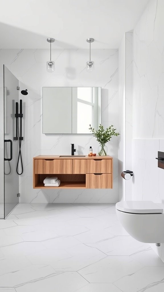 A modern bathroom featuring a floating vanity and accessible shower.