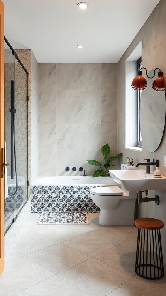 Modern bathroom with light-colored tile flooring and a stylish rug.