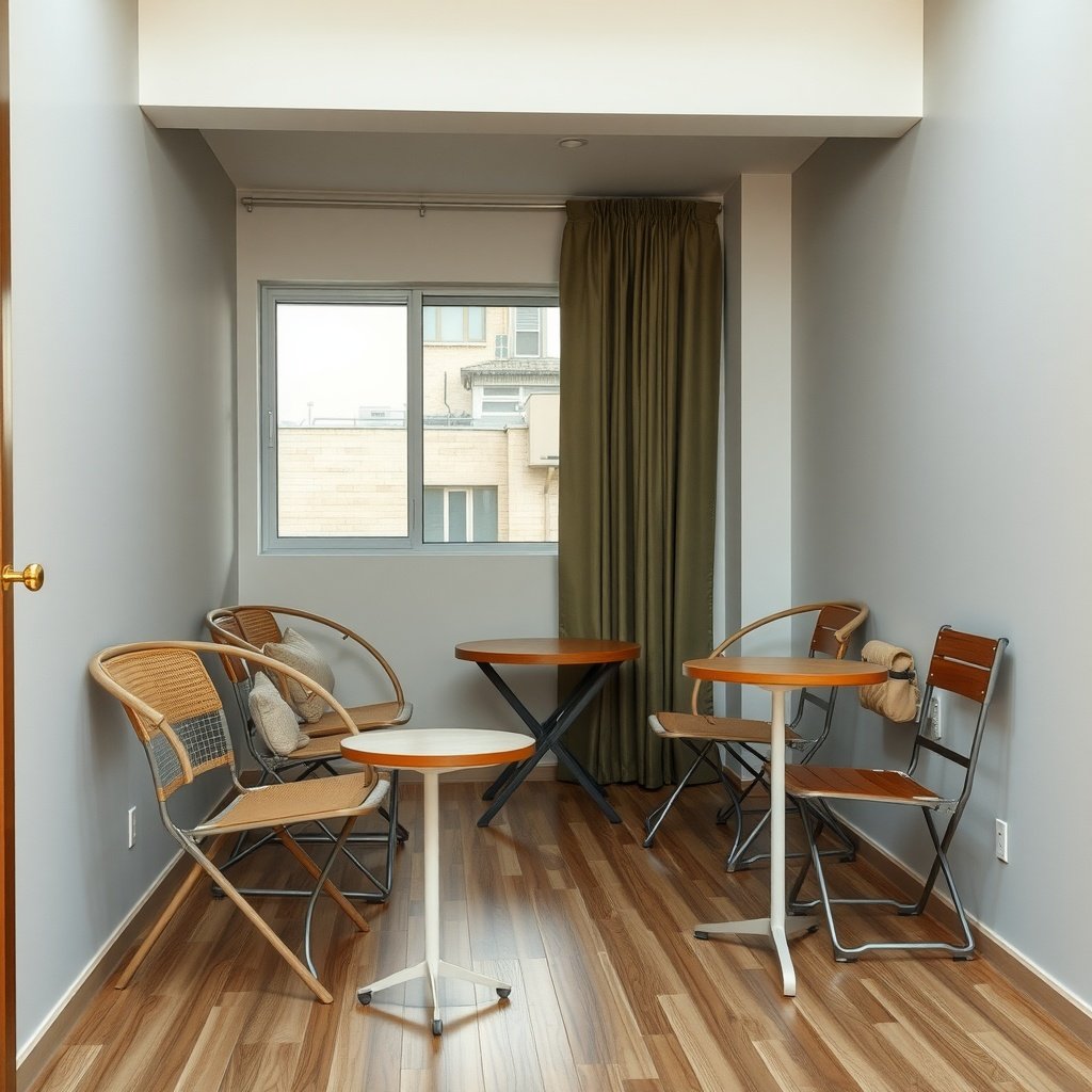 A small living room with foldable chairs and tables, showcasing clever use of space.