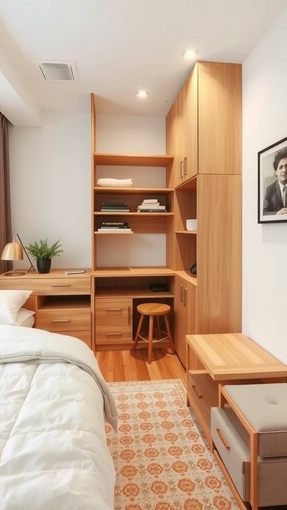 A cozy small bedroom with wooden folding furniture, showcasing a neat workspace and storage.