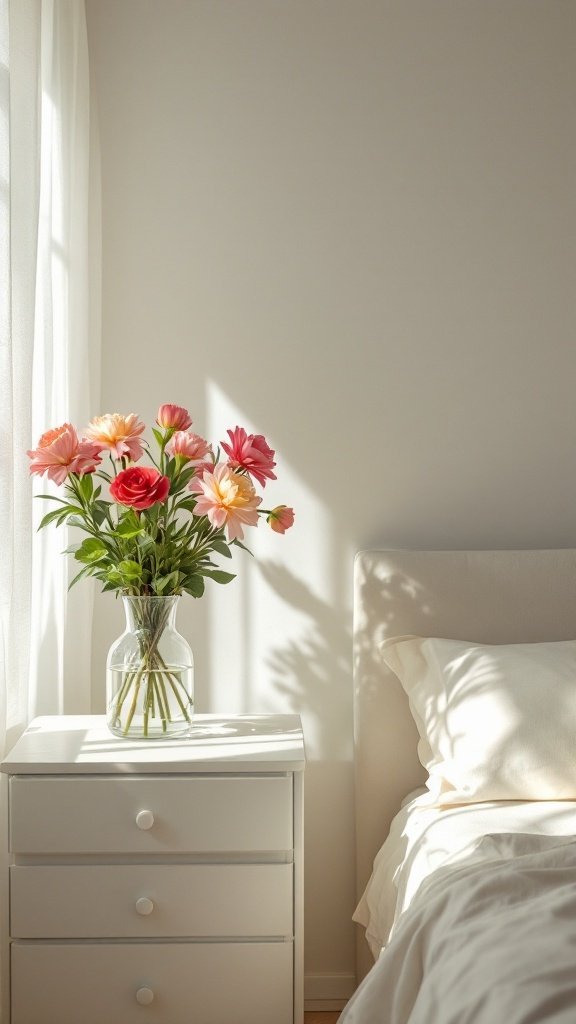 A cozy bedroom with a white bed and a vase of colorful flowers on a nightstand.