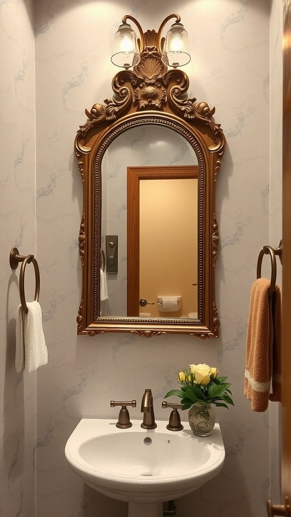 Elegant framed mirror above a sink with decorative items.