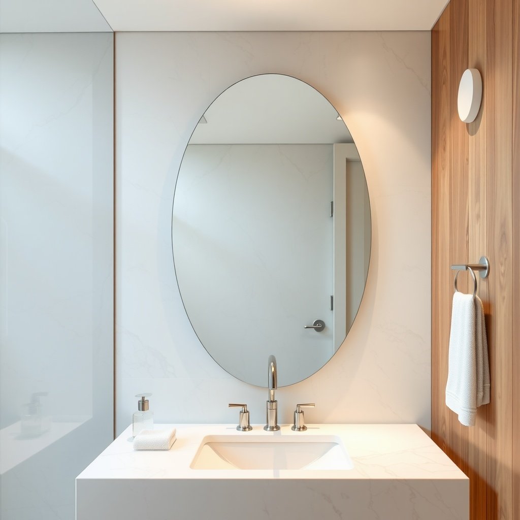 A modern bathroom featuring a frameless oval mirror above a minimalist sink.