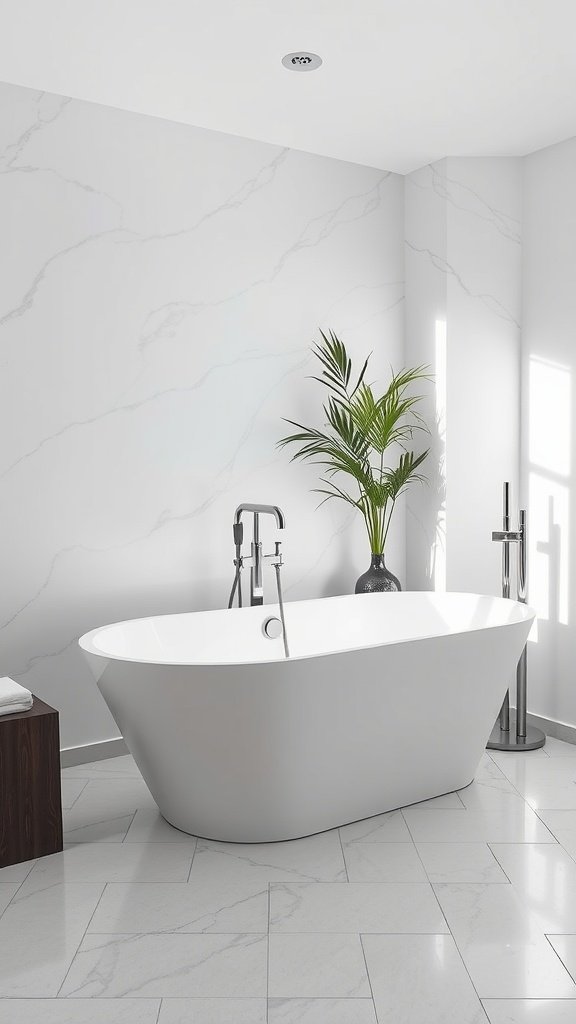 A modern freestanding bathtub in a sleek bathroom setting