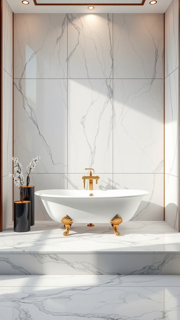A luxurious freestanding bathtub on a marble platform in a modern bathroom.