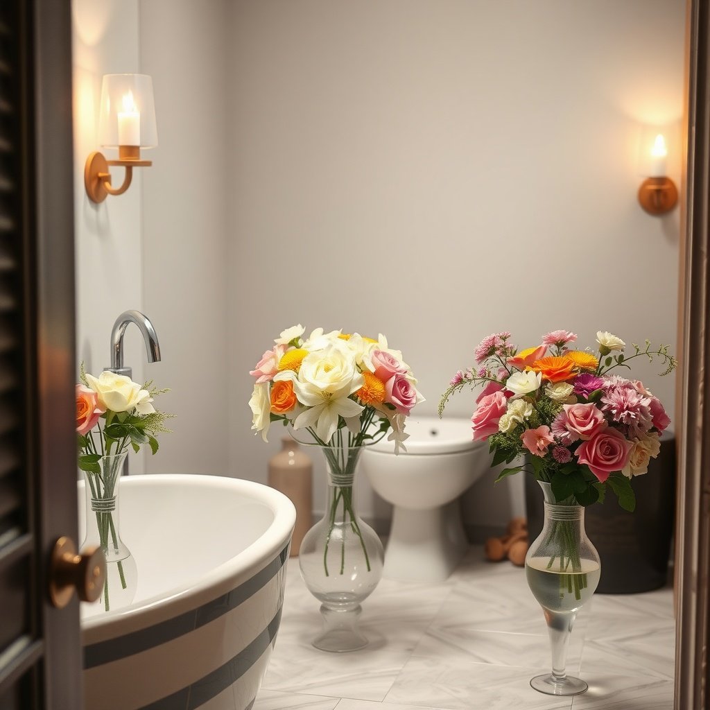 Fresh flowers in elegant vases in a modern bathroom.