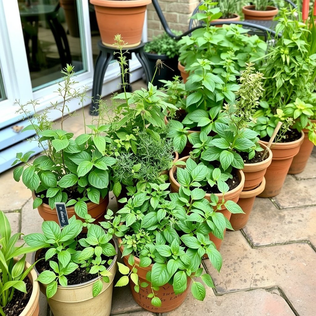 A collection of fresh herbs in pots on a patio, showcasing various plants with vibrant green leaves.