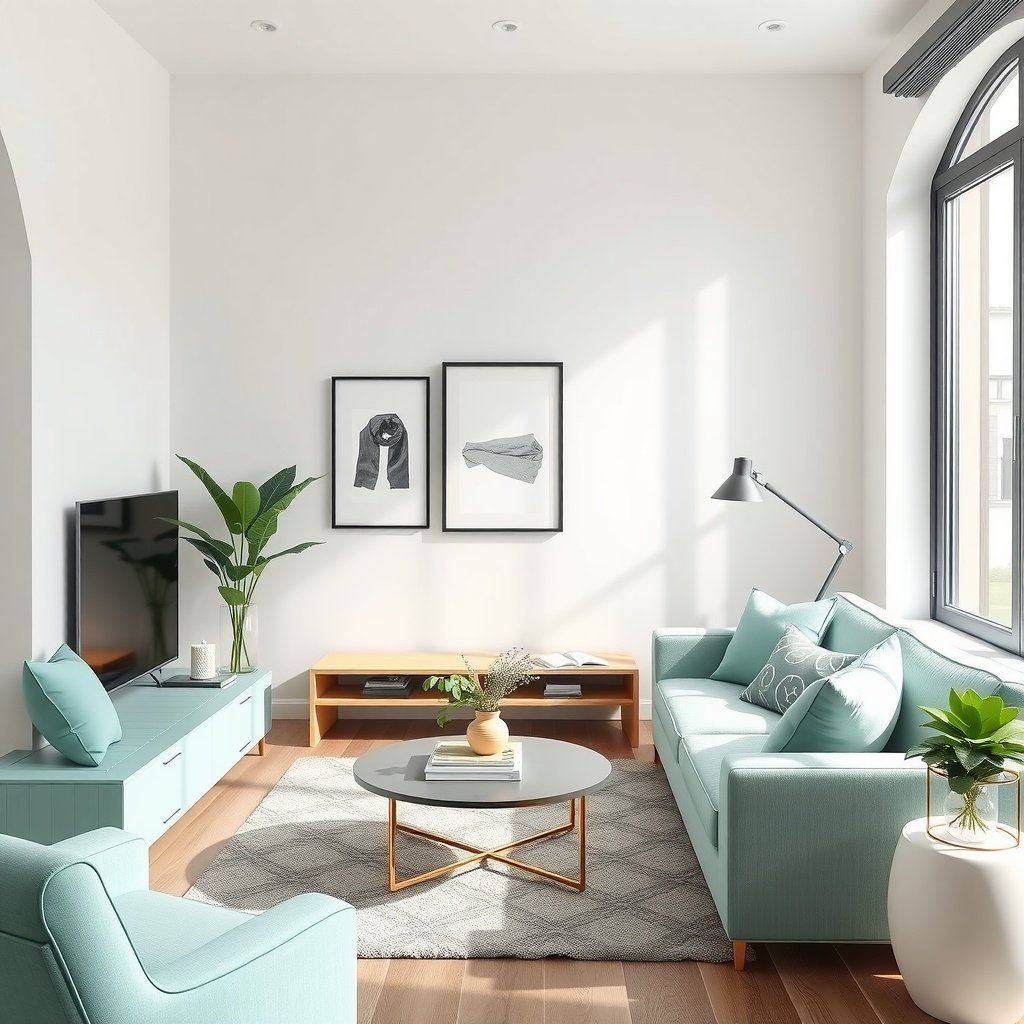A modern small living room featuring fresh mint-colored furniture and natural decor.