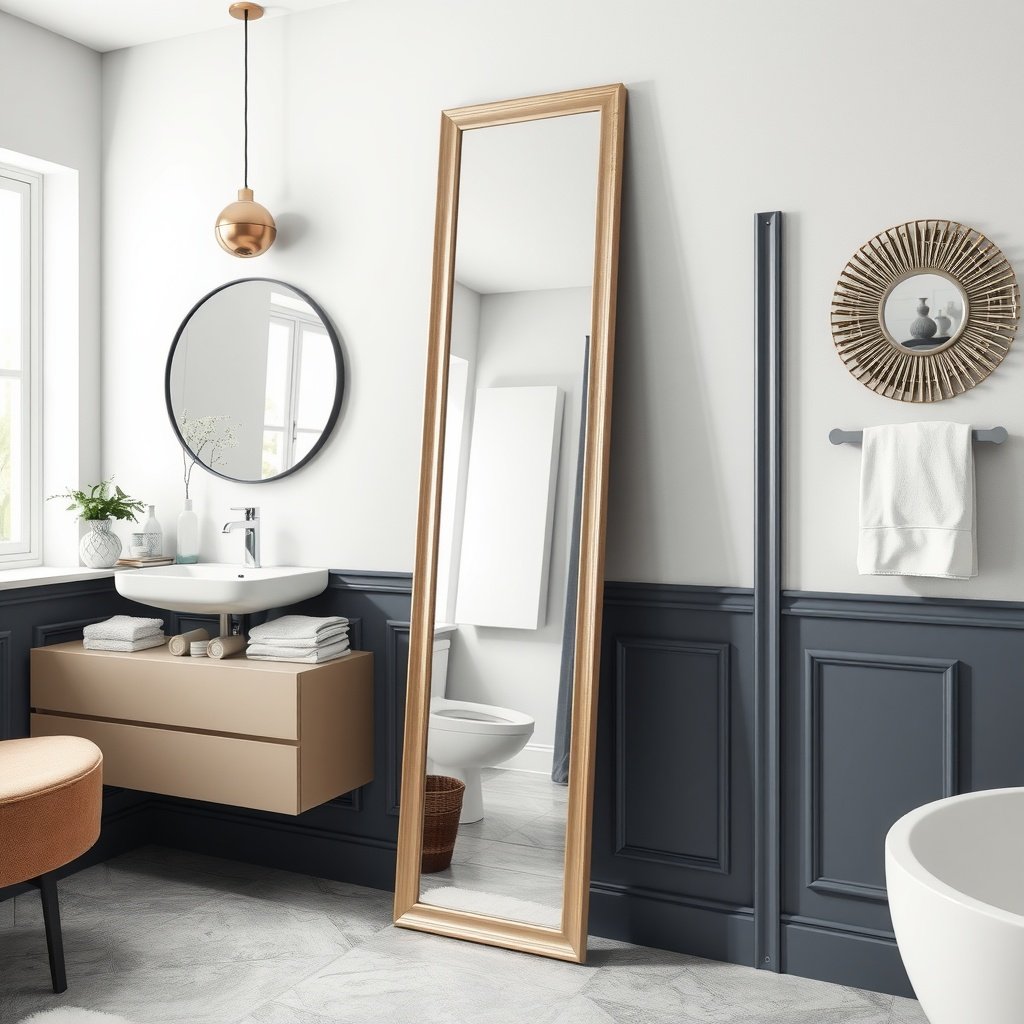Full-length standing mirror in a modern bathroom setting