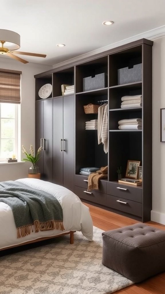 A modern bedroom featuring an organized storage cabinet with shelves and a cozy bed