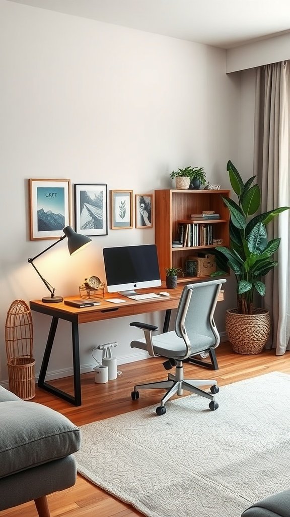 A well-designed living room featuring a workspace with a desk, computer, and plant