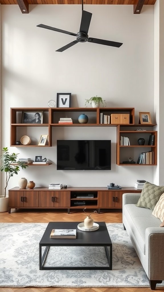 Contemporary living room featuring functional shelving with decorative items and a television.