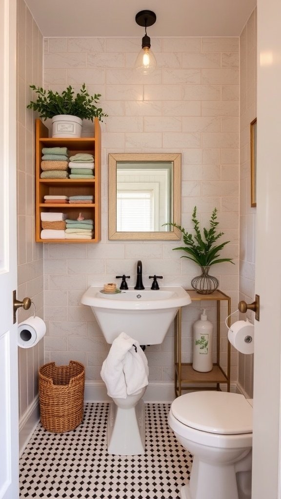 A cozy bathroom featuring shelves with towels, plants, and a stylish mirror.