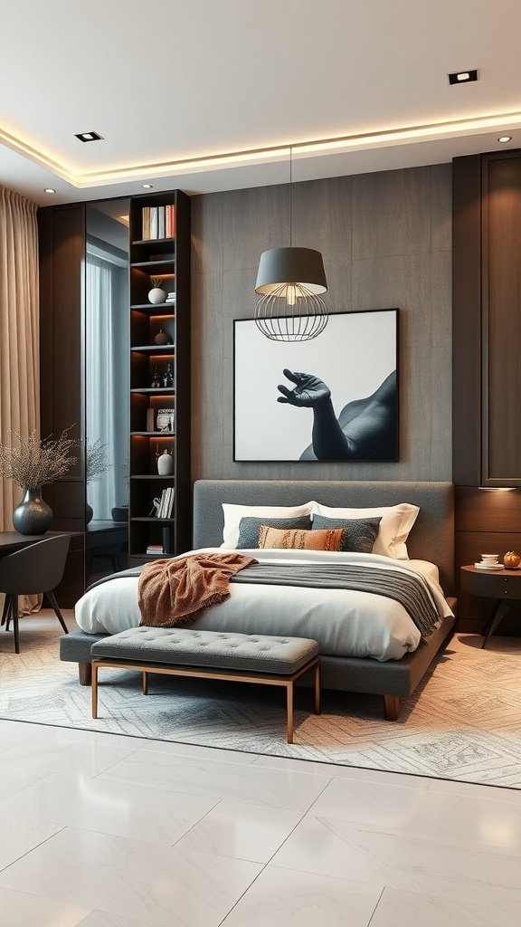 A cozy bedroom with built-in storage solutions featuring shelves and cabinets.