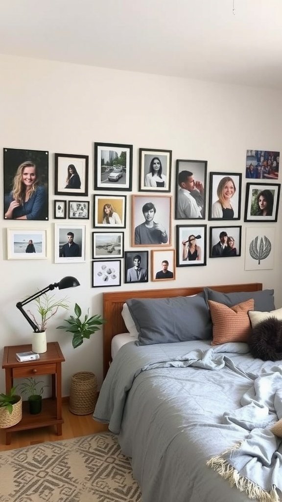 A cozy bedroom featuring a gallery wall of framed photos and a neatly made bed with decorative pillows.