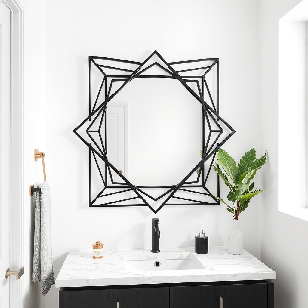 Geometric black metal mirror in a modern bathroom setting