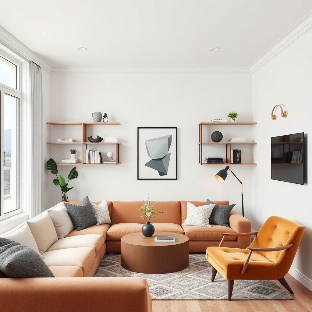 Stylish geometric shelving with books and decor in a small living room.