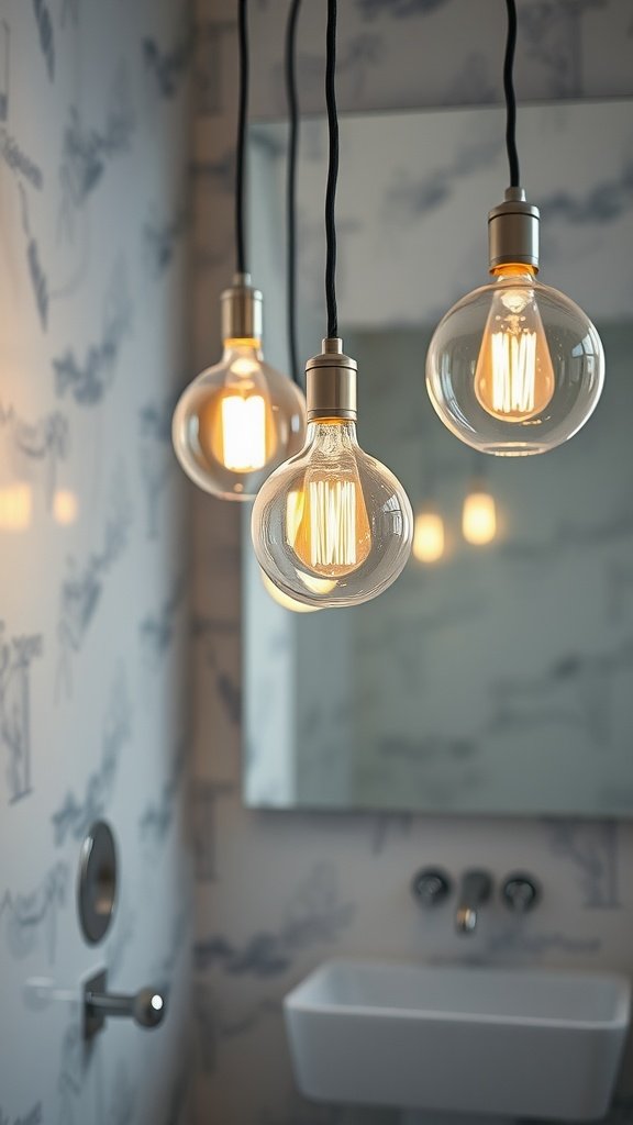 Three glass pendant lights hanging above a sink in a bathroom
