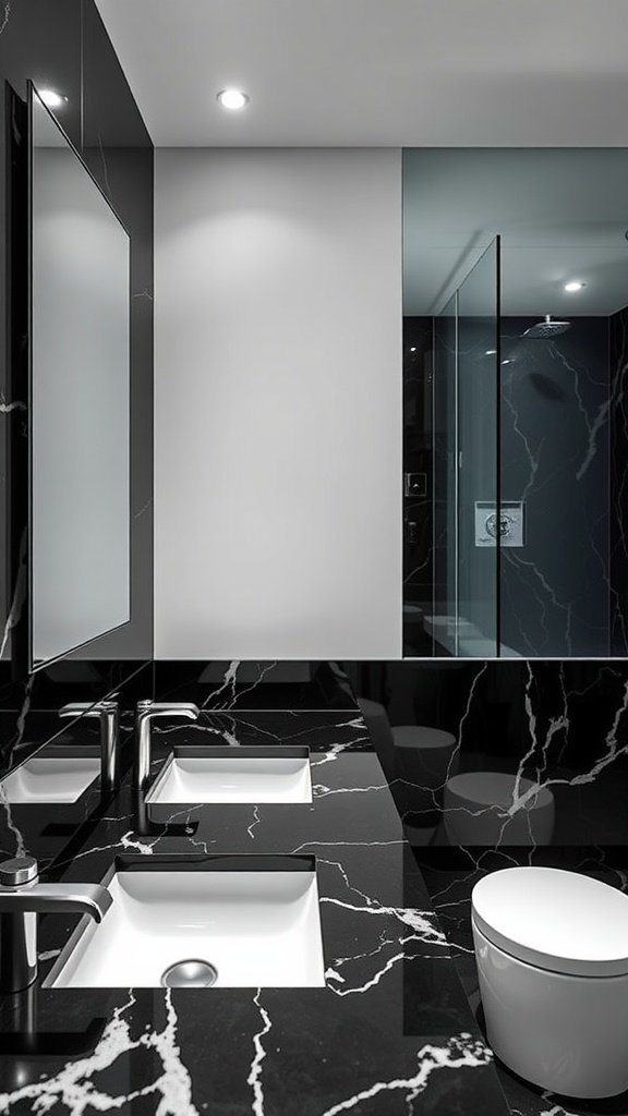 A modern bathroom featuring glossy black marble countertops and fixtures.