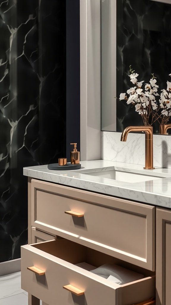 Elegant bathroom vanity with gold fixtures and a marble countertop.