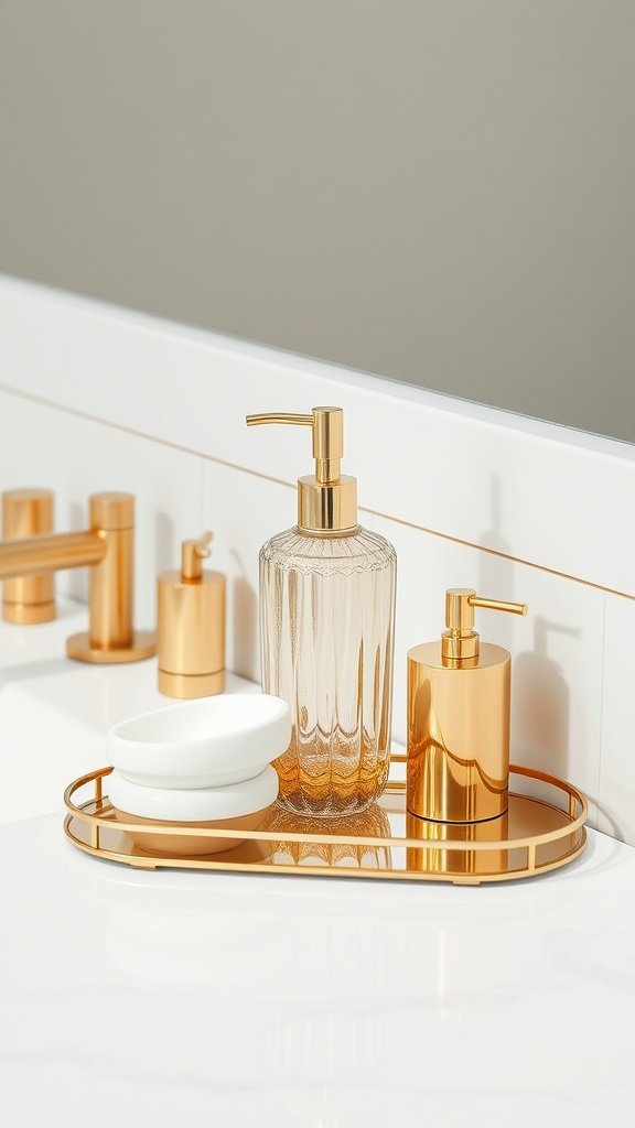 Gold accessories in a modern bathroom setting, featuring soap dispensers and trays.