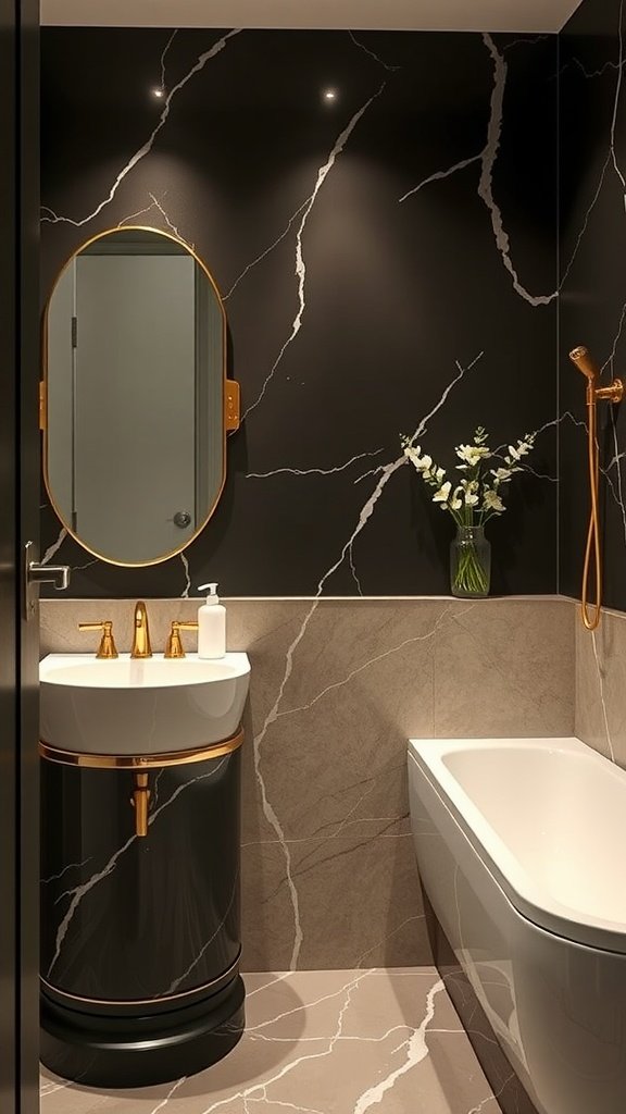 Elegant small bathroom featuring gold fixtures and dark marble accents.