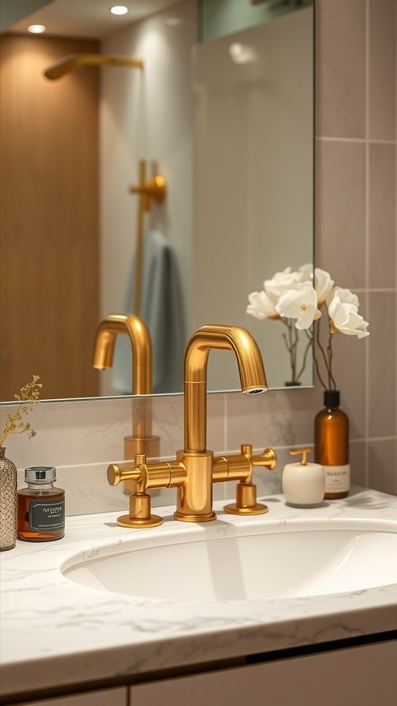 Elegant bathroom sink with gold faucet and mirror