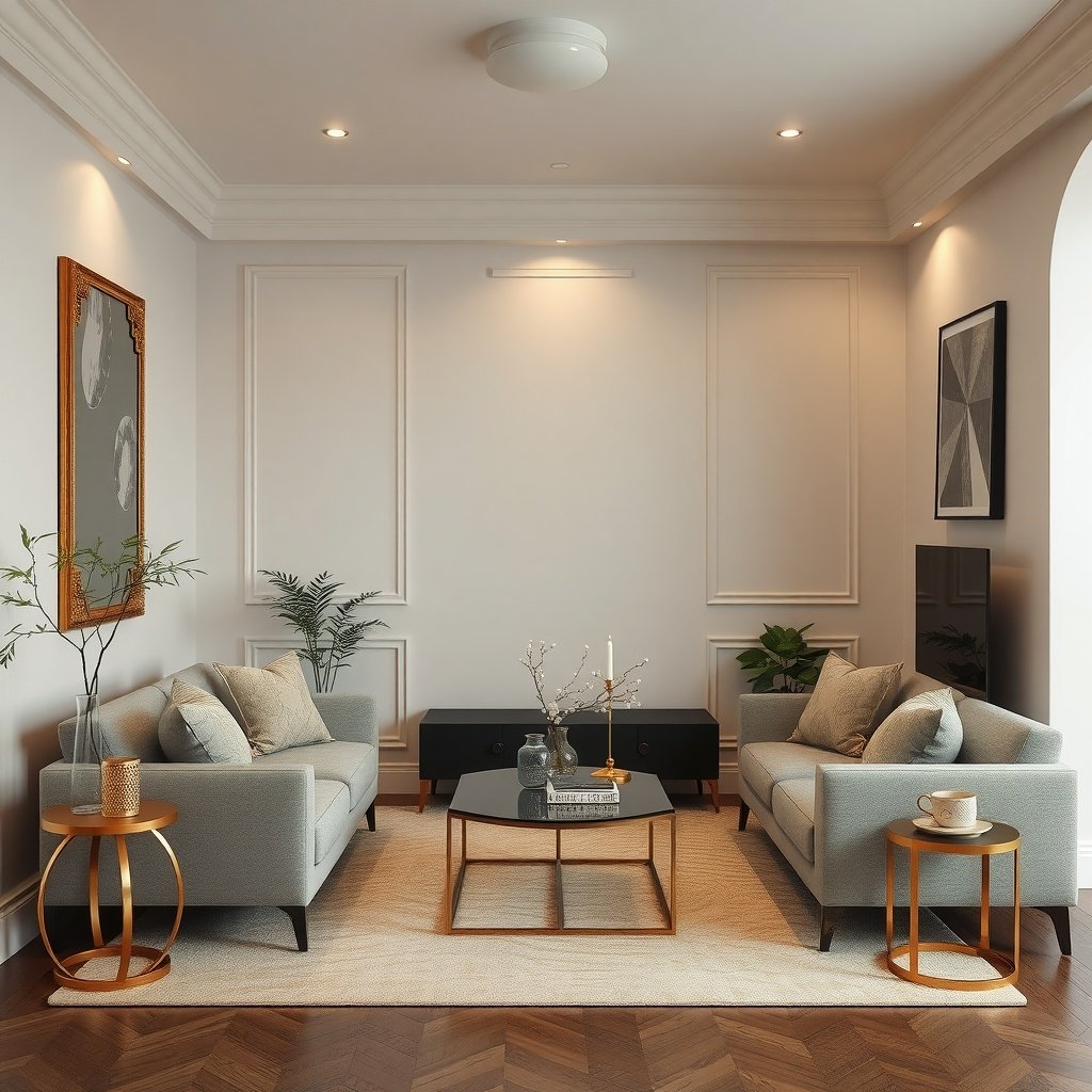 A small living room featuring golden accents and elegant decor.