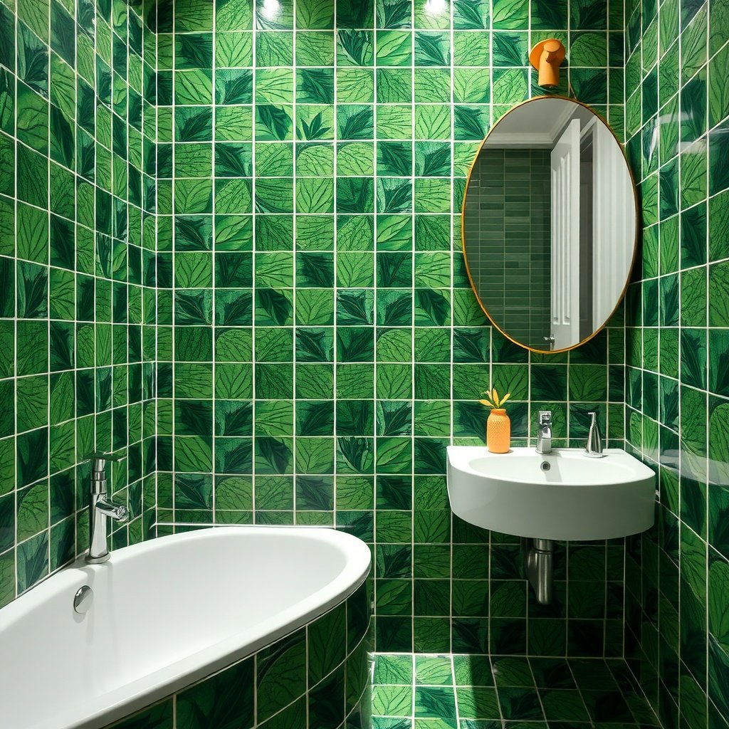 A modern bathroom featuring green tiles with leaf motifs on the walls and floor, creating a fresh and calming atmosphere.