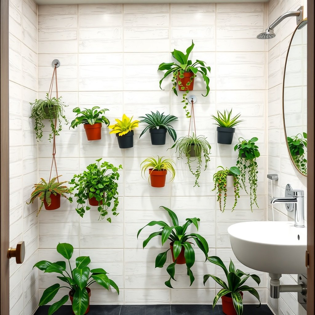 A modern bathroom with various green wall planters showcasing vibrant plants on a white tiled wall.