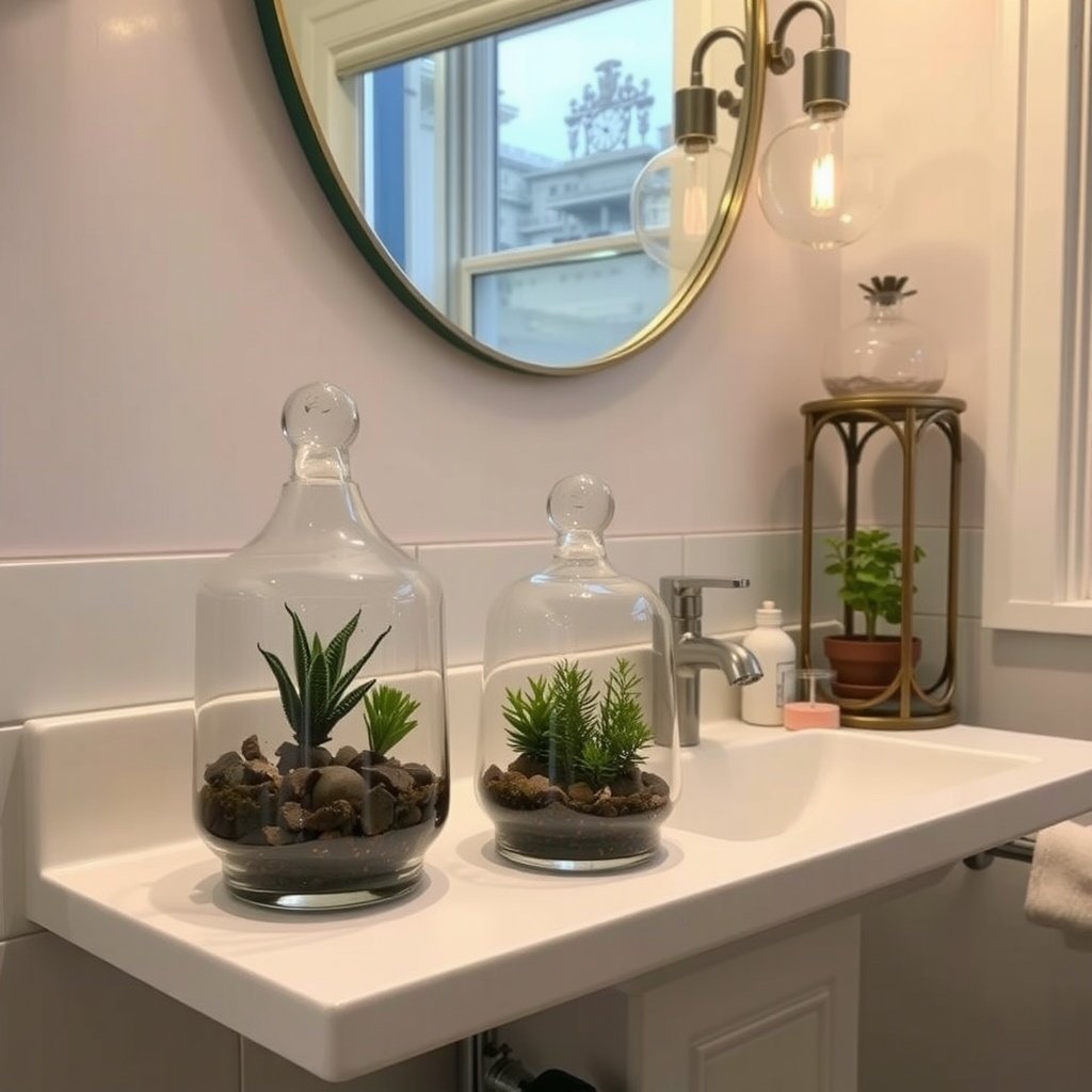 A modern bathroom sink area featuring glass terrariums with various plants and decorative stones.
