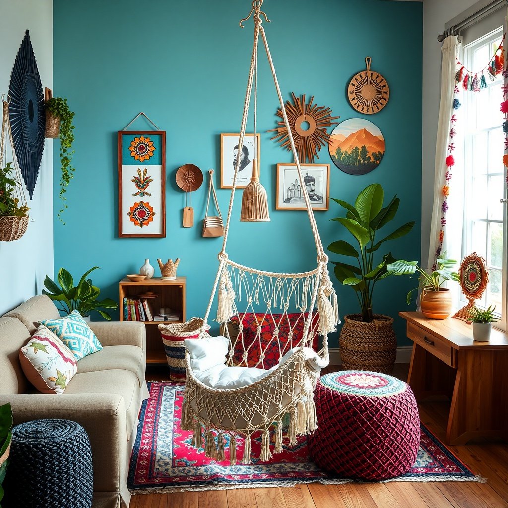 A cozy hammock chair in a boho chic living room with colorful decor and plants