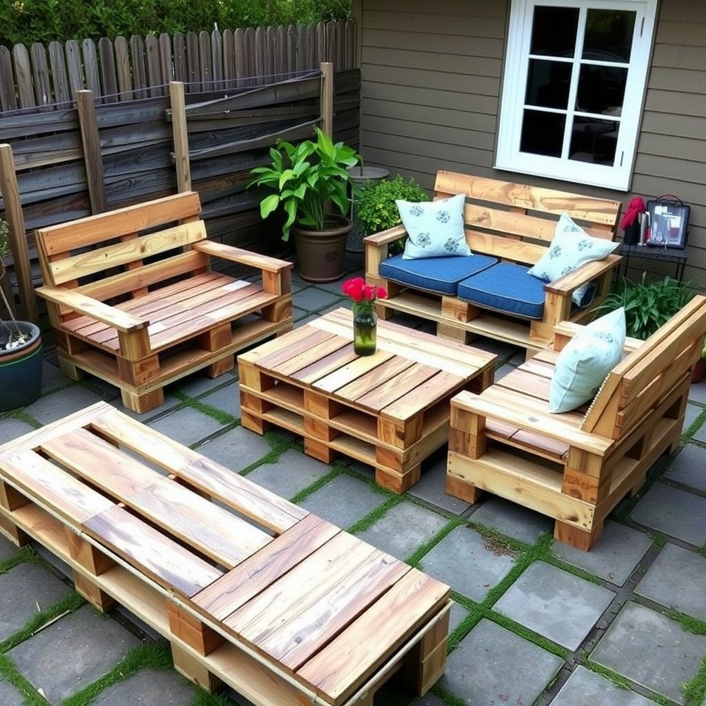 Handcrafted wooden pallet furniture on a patio