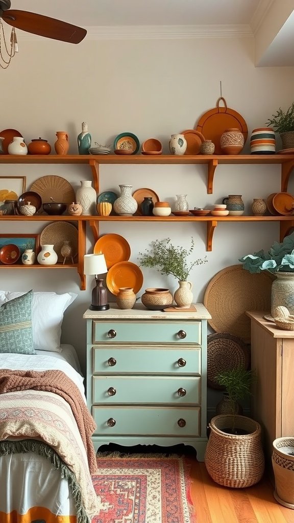 A boho bedroom featuring handmade pottery and decor on shelves.