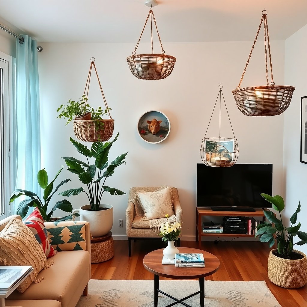 A cozy living room featuring hanging baskets filled with plants, adding style and storage.