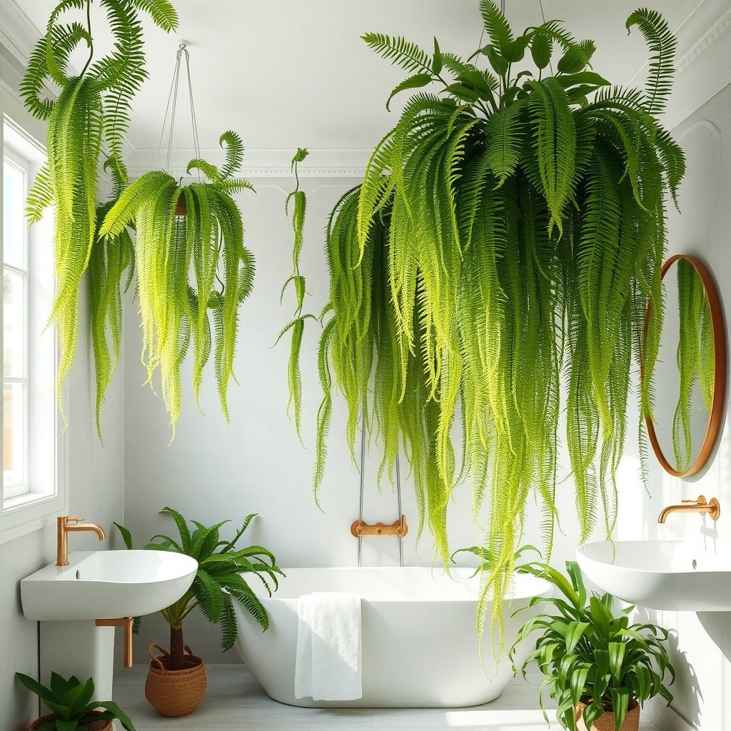 A modern bathroom with large hanging ferns and a white bathtub.