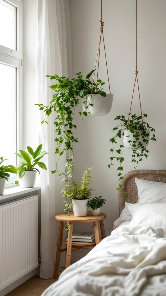 A cozy bedroom featuring hanging planters with lush green plants.