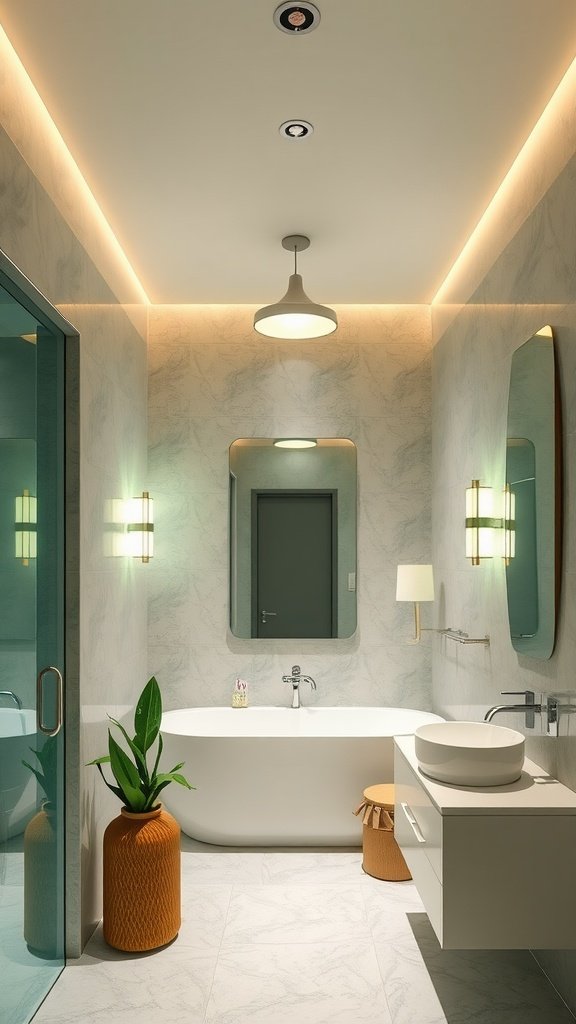 A modern bathroom with green lighting fixtures and a plant.