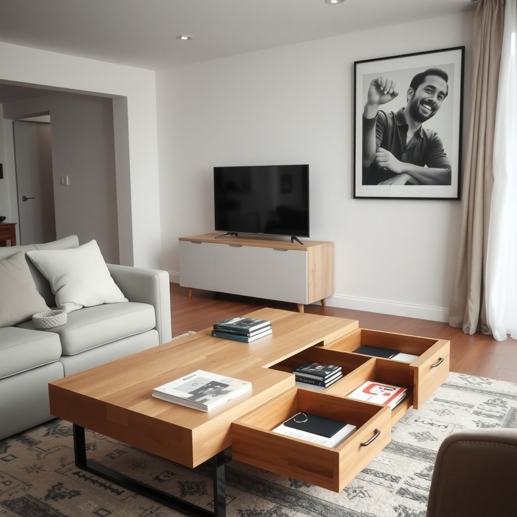 A stylish living room featuring a coffee table with hidden drawers for storage.