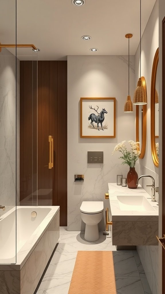 A modern bathroom featuring gold fixtures and artwork