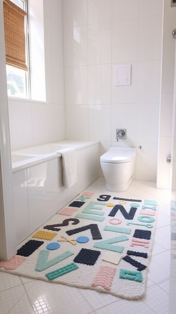 Colorful homemade bath mat in a bright bathroom