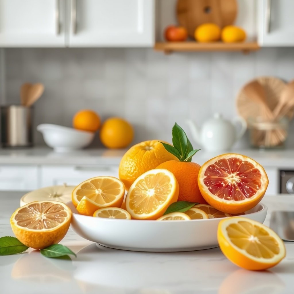 Freshly cut citrus fruits including lemons, limes, and oranges arranged on a kitchen countertop.