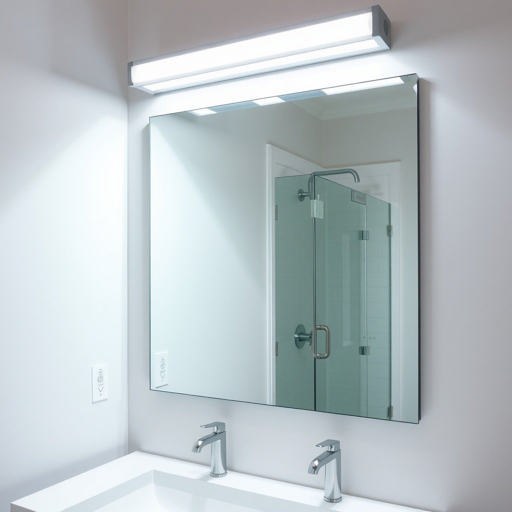 A modern bathroom featuring an illuminated vanity mirror above a clean white sink with two faucets.