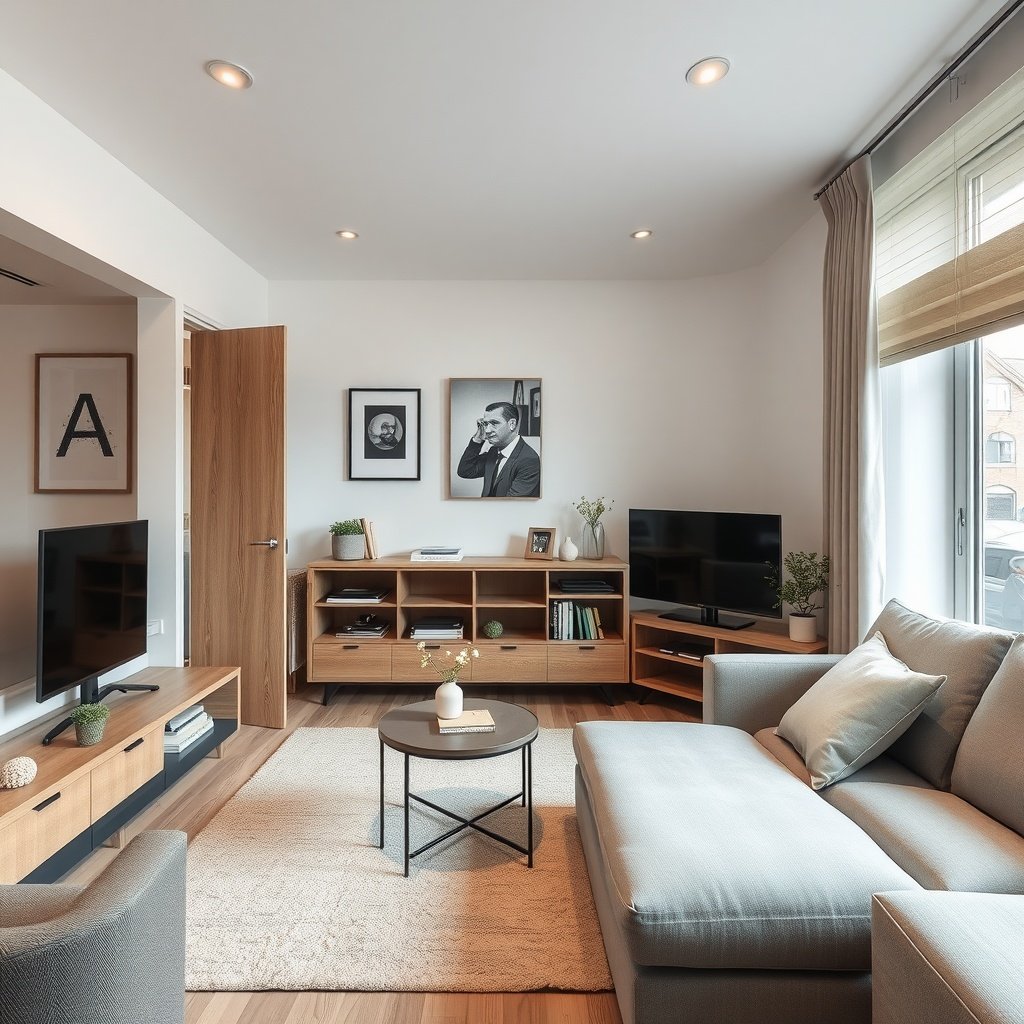 A cozy small living room featuring a sofa, coffee table, and wooden storage units, emphasizing smart storage solutions.