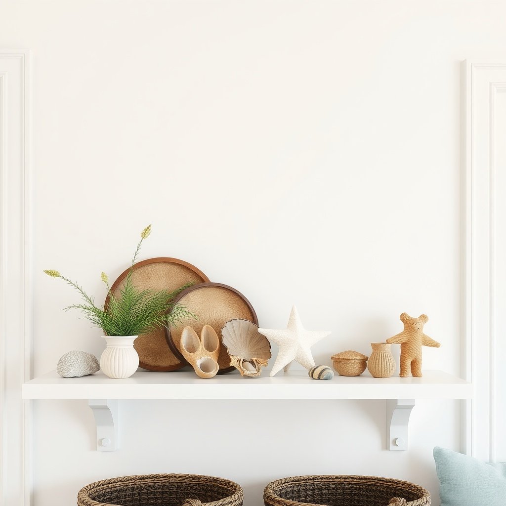 A shelf displaying coastal decor with natural elements like seashells and plants.